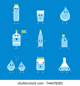 Cartoon Water Funny Emotions Bottle Set on a Blue Background Health Care Concept Flat Design Style. Vector illustration of Bottles