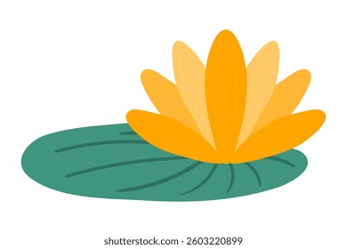 Cartoon water lily with leaf hand drawn illustration. Scandinavian style flat design, isolated vector. Aquatic plant, wild florals, botanical element. Kids seasonal clip art, spring, summer print