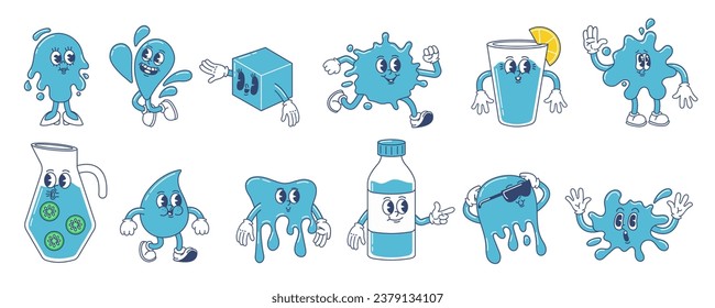 Cartoon water mascot. Fresh drink in bottle, pitcher and glass. Water splashes and drips characters. Funny liquid vector illustration set of bottle fresh water