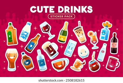 Cartoon water and milk, coffee and tea, alcohol drinks stickers. Vector set of colorful patches featuring beverage characters. Funny cups, glasses, mugs and bottles with adorable smiling faces