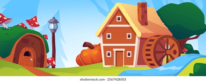 Cartoon water mill and hut with fly agaric mushrooms from fairy village. Vector fairy tale house and countryside building. Rural summer landscape with river, trees and pumpkin