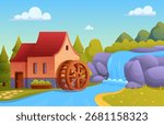 Cartoon water mill landscape. Old style house with wooden wheel on river with waterfall. Countryside rural building, fairy tale watermill, sapid vector illustration