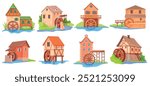 Cartoon water mills. Watermill old wooden mill houses with wheel, river brook energy for milled ears flour, farming waterwheel history agriculture, set neat vector illustration original artwork