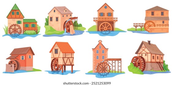 Moinhos de água de desenhos animados. Moinho de água velhas casas de moinho de madeira com roda, energia de ribeiro de rio para farinha de orelhas fresadas, agricultura história de roda de água, definir ilustração de vetor puro arte original