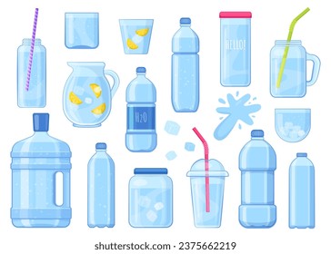 Cartoon water package set. Glass bottles and plastic containers with cold water, beverage natural element. Vector isolated collection of water bottle glass illustration