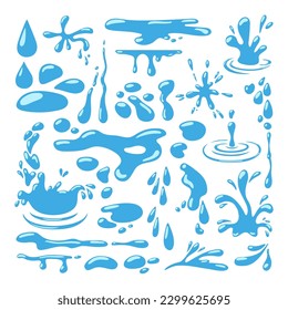 Cartoon water puddles and drops, blue drop falling and splashing. Poodle tear, isolated splashes, puddle and rain. Neoteric vector clipart