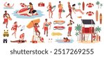 Cartoon water rescuers characters. Lifeguards pull drowning people out of sea, emergency on beach, dangerous swimming. First aid. Different lifebuoys and boats, tidy vector flat isolated set