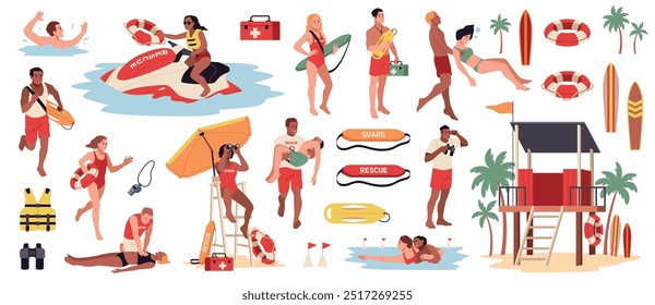 Cartoon water rescuers characters. Lifeguards pull drowning people out of sea, emergency on beach, dangerous swimming. First aid. Different lifebuoys and boats, tidy vector flat isolated set