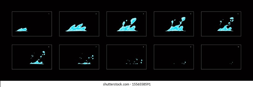 Cartoon-Wasser-Splash-Effekt. Spritenblatt eines Wassersplash. Frame für Frame Classic Animation für Spielentwicklung, Handyspiele oder Motion Graphics.