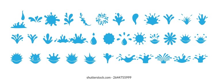 Efeitos de splash de água de desenhos animados retratam salpicos dinâmicos fluidos, gotículas e ondulações em movimento.  Banho d'água. Ícones de queda de fluido e splash. Ilustração de Victor eps 10.