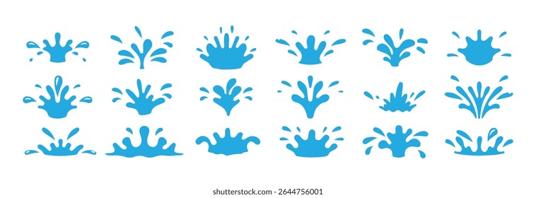 Efeitos de splash de água de desenhos animados retratam salpicos dinâmicos fluidos, gotículas e ondulações em movimento.  Banho d'água. Ícones de queda de fluido e splash. Ilustração de Victor eps 10.