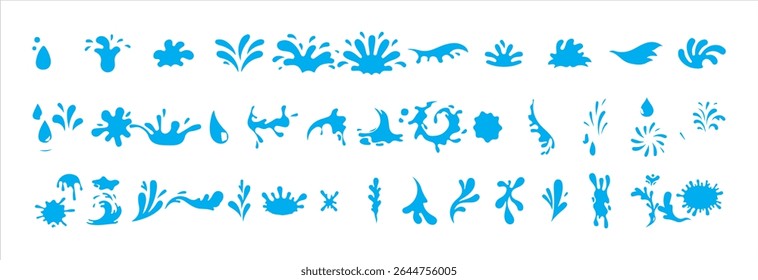 Efeitos de splash de água de desenhos animados retratam salpicos dinâmicos fluidos, gotículas e ondulações em movimento.  Banho d'água. Ícones de queda de fluido e splash. Ilustração de Victor eps 10.