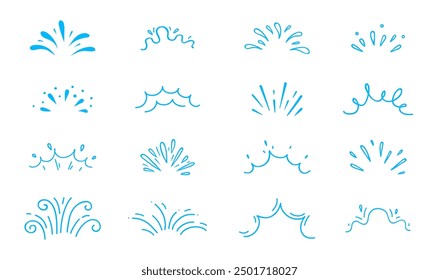 Efectos de salpicaduras de agua de dibujos animados de las olas del océano del Vector y los flujos de oleaje marino con gotas y remolinos. Conjunto de salpicaduras de agua o líquido azul aislado, arroyo de río, spray de fuente, gotas de lluvia y salpicaduras de cascada