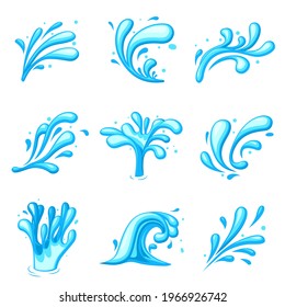 Cartoon water splash. Energy splashes clipart, liquid blue swirl flow. Wavy sea power, isolated wet stream and drops recent vector elements