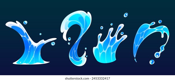 Cartoon water splash and surf wave. Cute comic sea or ocean liquid swirl effect with spray and drops. Blue stream flow for animation or game ui design. Tidal flood falling with foam and ripple.