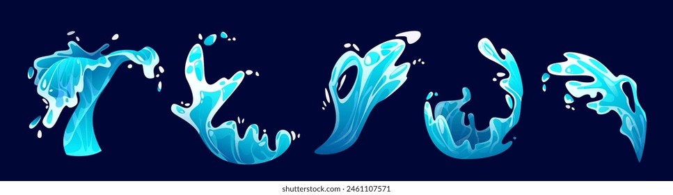 Cartoon water splash. Vector illustration set of sea wave for surf with drop and burst. Blue liquid ripple and spray with falling effect. Swirl fluid spill with foam icon for game ui design.
