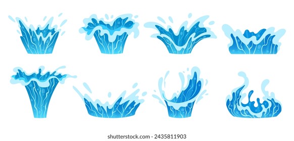 Cartoon water splashes. Blue ocean waves, aqua splashing, clean water splash flat vector illustration collection. Transparent water motion set