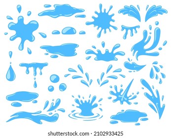 Cartoon water splashes, falling rain drops, waves and spill. Fresh aqua stream, puddles and splats. Nature blue liquid form icons vector set. Illustration of rain water drop