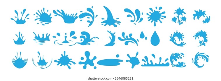 Cartoon water splashes, falling rain drops, waves and spill. Blue water splashes and drops Set. Victor illustration eps 10