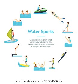 Cartoon Water Sport and Characters People Banner Card Circle Activity Concept Element Flat Design Style. Vector illustration of Man and Woman