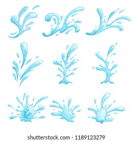 Cartoon water stylized waves and splashes set. Sea, ocean, pool symbols in comic style. Blue water drops. Vector illustrations collection isolated on white.