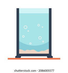 Cartoon water tank. Empty aquarium on table with air bubbles and sand. Square clear fishbowl. Interior furniture for aquatic swimming pets. Vector blank glass cube full of freshwater