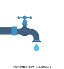 cartoon water tap with falling dropwater. concept of leaky faucet or fluid deficiency in world or drain crane. flat simple style trend modern logo graphic design element isolated on white background