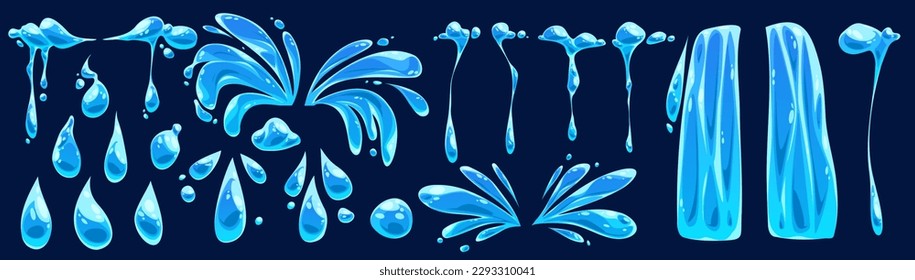 Cartoon water tear vector icon set vector. Liquid drop graphic with splash, puddle, falling waterfall and teardrop symbol isolated on dark background. Simple clean splatter motion fluid design.