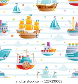 Cartoon water toy transport seamless pattern. Cute 3d baby boy toy. Boat, galleon, sail ship wallpaper design. Fun vector illustration isolated set on blue stripes, clouds, stars hand drawn background