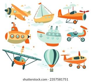 Agua de dibujos animados, transporte submarino y aéreo para viajes y transporte ilustraciones vectoriales aisladas sobre blanco. Navegador de crucero, avión, submarino, globo aerostático, ala delta, yate