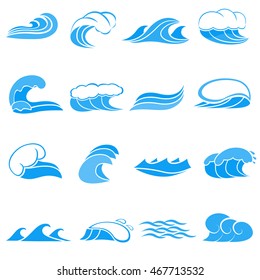 Cartoon water wave icons set. Universal water wave icons to use for web and mobile UI, set of basic water wave elements isolated. Tsunami set vector illustration