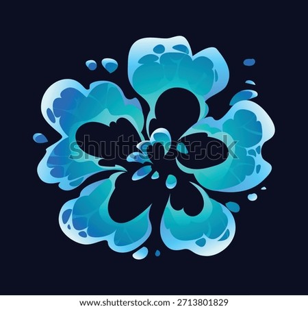 Cartoon water wave splash of liquid splatters explosion, vector flow swirl. Cartoon pure water or drink pour swirl with flow wave explode with drops and fizzy water droplets in water splash