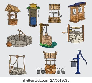 Cartoon Water Well Vector Set with Rustic Village and Hand Pump Illustrations