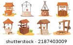 Cartoon water wells. Wood and stone old rural well in village garden, ancient medieval wishing draw-well rustic farm source fresh drink bucket on crank pulley vector of wood farm well illustration