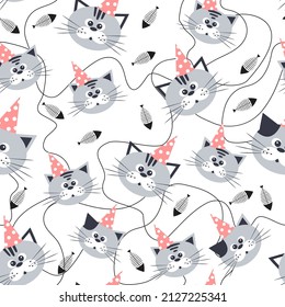 Cartoon watercolor cats seamless pattern in pastel colors. Kids design. Seamless pattern with small cat snouts on a coloured background. Great for fabric, wrapping paper, background, etc