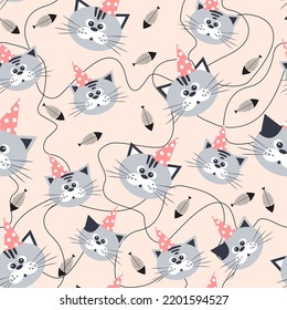 Caricatura acuarela gatos sin fisuras en colores pastel. Diseño infantil.