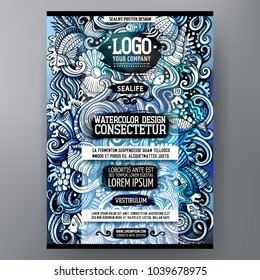 Cartoon watercolor hand drawn doodles Sealife poster design template. Funny vector artwork. Corporate identity design