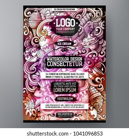 Cartoon watercolor hand drawn doodles Ice-cream poster design template. Funny vector artwork. Corporate identity design