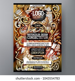 Cartoon watercolor hand drawn doodles Cafe poster design template. Funny vector artwork. Corporate identity design