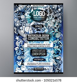 Cartoon watercolor hand drawn doodles Space poster design template. Funny vector artwork. Corporate identity design