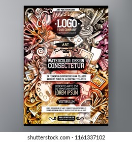Cartoon watercolor hand drawn doodles Artist poster design template. Funny vector artwork. Corporate identity design