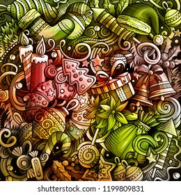 Cartoon watercolor hand drawn doodles New Year card design template. Very detailed, with lots of objects illustration. Funny vector background. All objects are separate