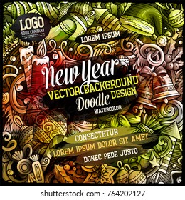 Cartoon watercolor hand drawn doodles New Year card design template. Very detailed, with lots of objects illustration. Funny vector background. All objects are separate
