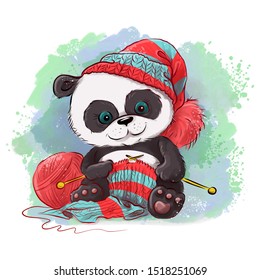 Cartoon watercolor panda knits a scarf. Logo for knitting needlework in the style of hand drawing. Vector illustration