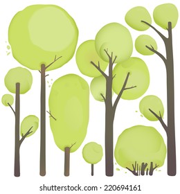 Cartoon Watercolor Trees Set. Forest trees design elements, gradients. Vector EPS8 illustration.