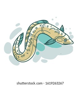 Cartoon watercolor vector eel on white background menu item. Illustration object for restaurants and underwater design