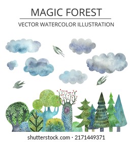 Cartoon watercolor vector illustration. Abstract wildlife forest with clouds and birds picture