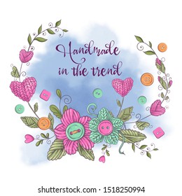 Cartoon watercolor wreath of knitted elements. Logo for knitting needlework in the style of hand drawing. Vector illustration