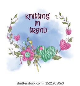 Cartoon watercolor wreath of knitted elements Vector illustration