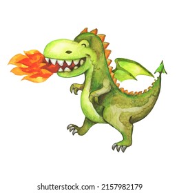 Cartoon watercolour dragon, fire breathing dragon